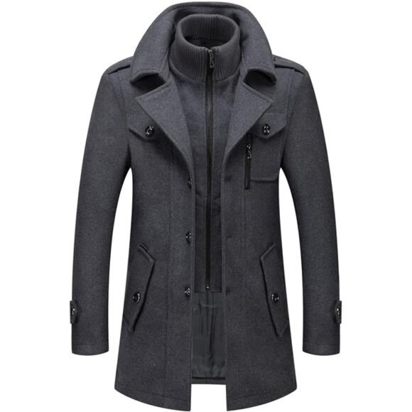 Men's Thermal Single Breasted Wool Blend Coat Peacoat with Detachable Zipper - Picture 1 of 7